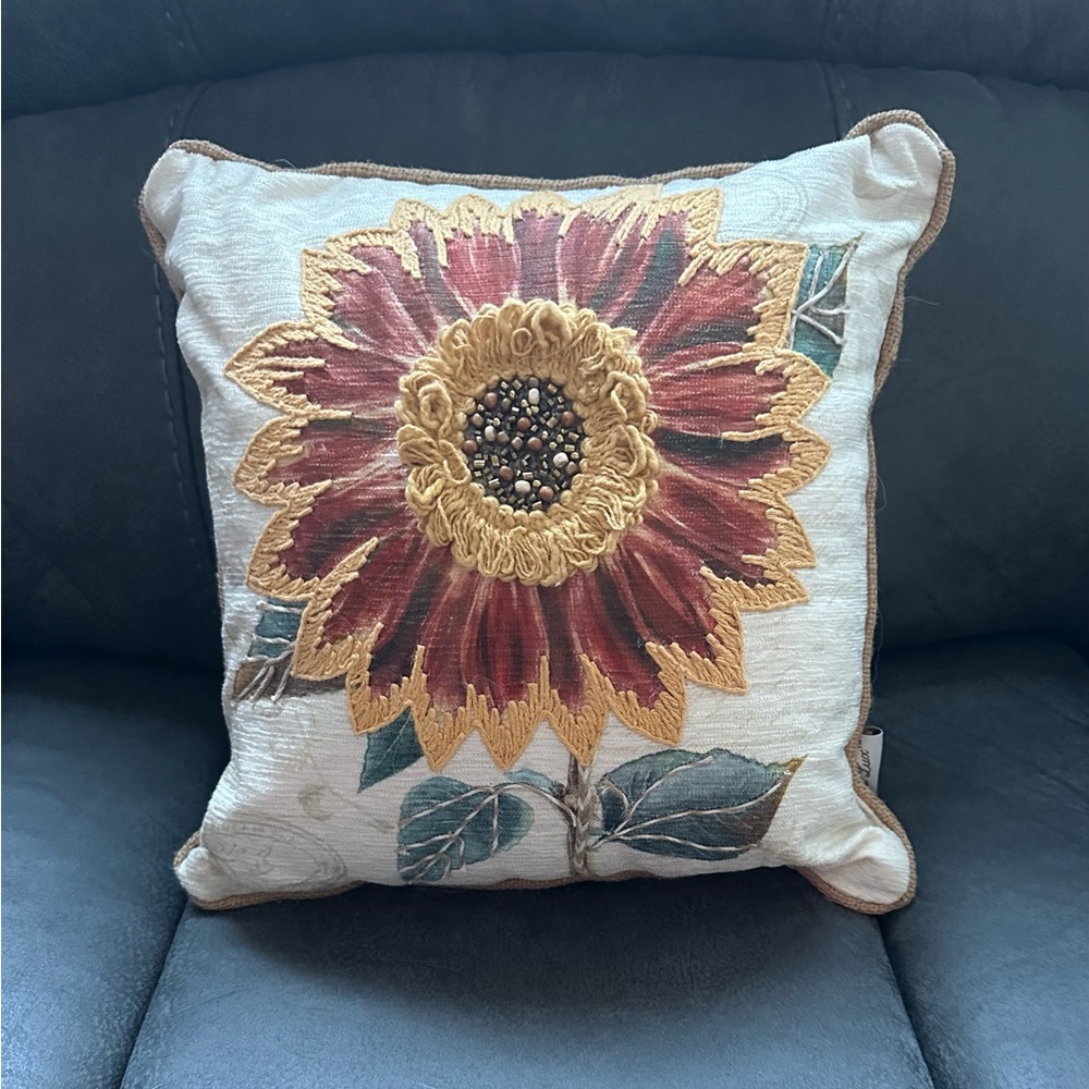 Bella Lux Embroidered Beaded Sunflower Accent Pillow.